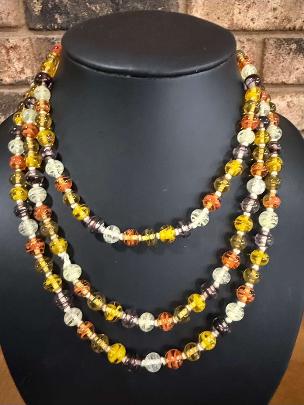 Vintage yellow white orange & purple swirl glass beaded necklace 54”